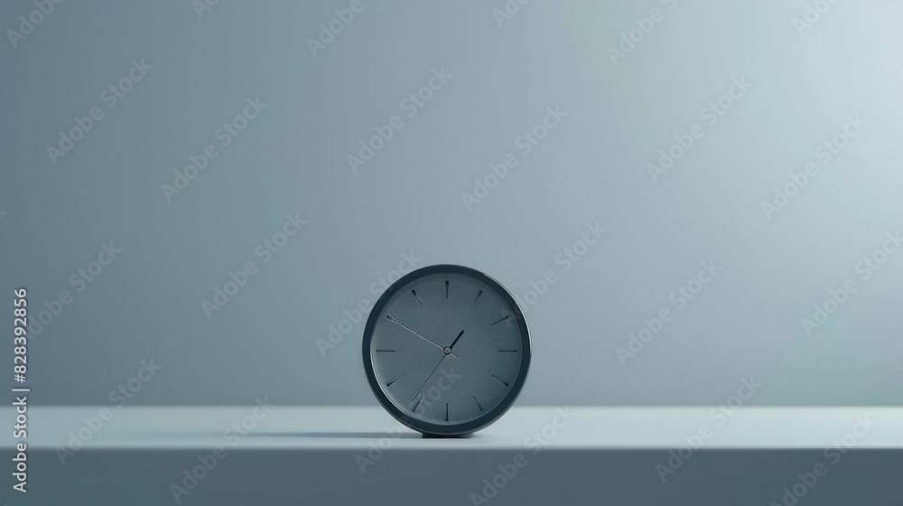 Poster a minimalist shot of a stylish alarm clock on a clean, white surface, highlighting its design and th