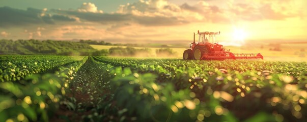 A tractor is driving through a field of green crops. The sun is setting in the background, casting a warm glow over the scene. Concept of hard work and the beauty of nature