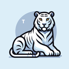 cartoon of a white tiger sitting in a reclining pose with piercing eyes