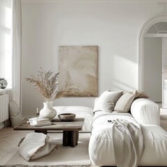Minimalist living room in white color with a white loveseat, minimal decor, and a clean, uncluttered aesthetic