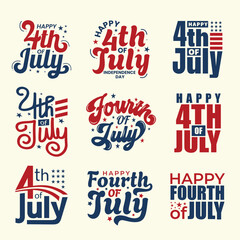 4th of July typography designs set with stars and American flag. Red and blue color text for Fourth of July holiday celebration. US Independence Day clip-arts for print. Happy Fourth of July logo