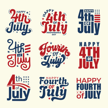 4th of July typography designs set with stars and American flag. Red and blue color text for Fourth of July holiday celebration. US Independence Day clip-arts for print. Happy Fourth of July logo