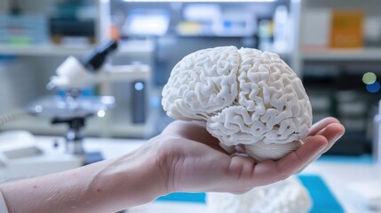 A person holding a 3D printed model of a brain, with a background of a lab or research setting, highlighting advancements in brain science and technology
