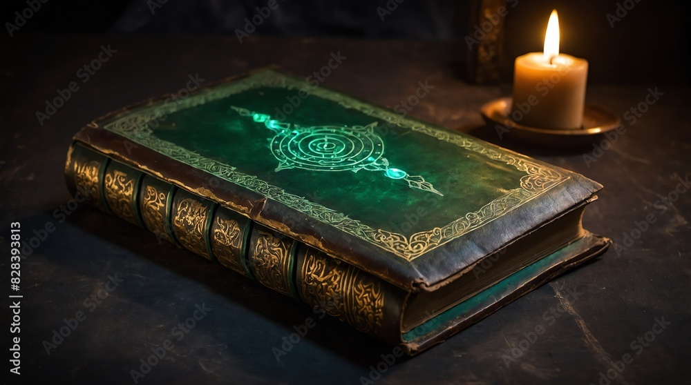 Wall mural old ancient green magical book glowing bright light - Wall murals