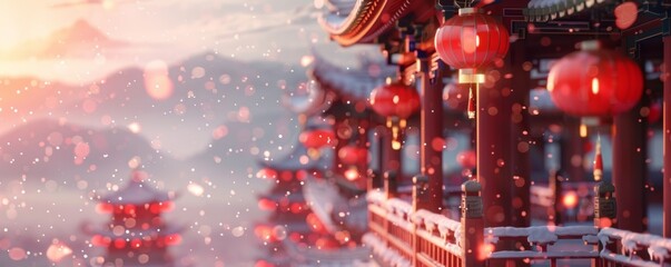 A beautiful scene of a mountain range with snow and red lanterns hanging from the buildings. The lanterns are lit up, creating a warm and inviting atmosphere. Concept of tranquility and wonder