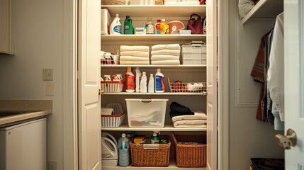 Well-organized utility closet with cleaning supplies 