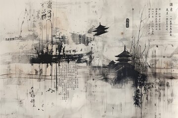 A painting of a city with a lot of writing in Chinese. The mood of the painting is serene and peaceful