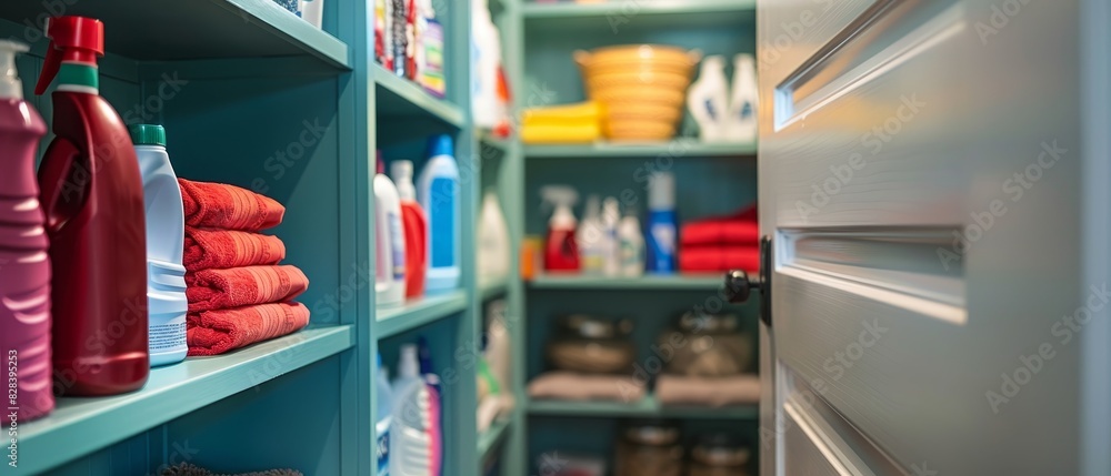 Wall mural well-organized utility closet with cleaning supplies