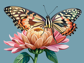 A butterfly sits on a bud of a beautiful chrysanthemum vector illustration 