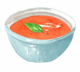 Tomato puree soup with basil in a blue plate. Hand drawn watercolor illustration isolated on white background. Template for design.