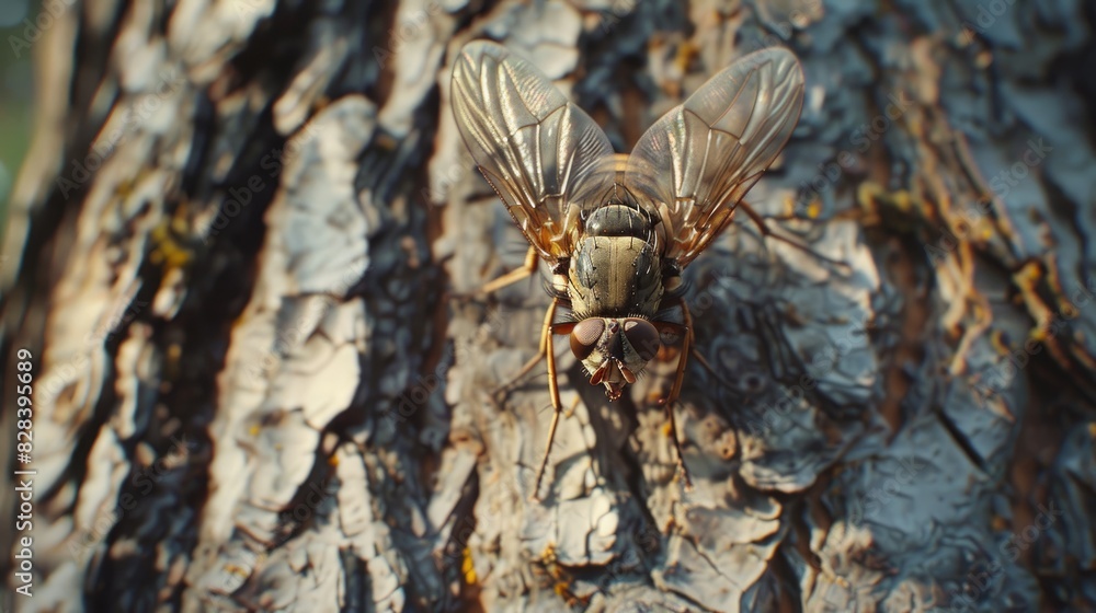 Poster an image showing a fly resting on a tree bark