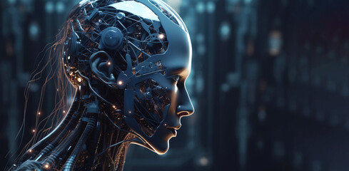 Artificial intelligence, composition of a chrome cyborg robot on a dark background, isolate. AI generated.