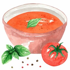 Tomato puree soup with basil in a red plate with cherry tomatoes and peppers. Hand drawn watercolor illustration isolated on white background. Template for design.