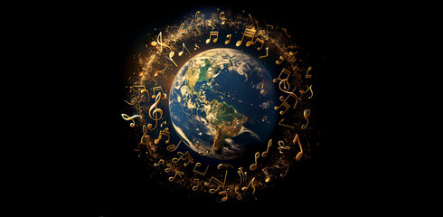 Earth with a circular band of golden musical notes, emphasizing the global impact of music