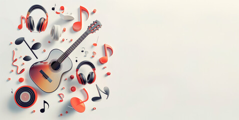 Illustration of assorted musical symbols and instruments like a guitar, vinyl record, and headphones, creatively arranged with floating musical notes