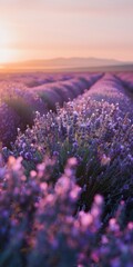 Naklejka premium A field of lavender flowers bathed in the golden light of a setting sun