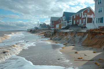 A beach scene showing the severe effects of coastal erosion with submerged sands and houses in the background facing the threat of rising waters.. AI generated.