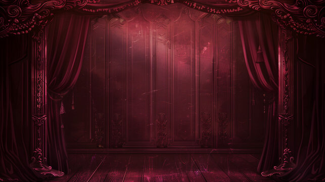 Wine red wall background, wine red stage, banner style presentation, perfect for product mockups and displays, copy space, space for text, Generative AI.ワインレッドの壁の背景、ワインレッドのステージ、バナー形式のプレゼンテーション