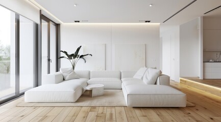 Minimalist living room in white color with a white modular sofa, sleek wooden flooring, and minimalistic wall art