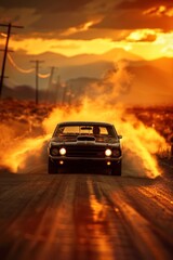 Muscle car kicks up dust in a dramatic sunset road scene