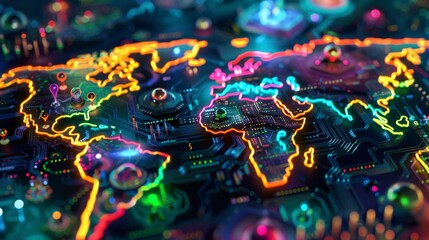 Futuristic Global Network Map with Vibrant Neon Colors and Circuits