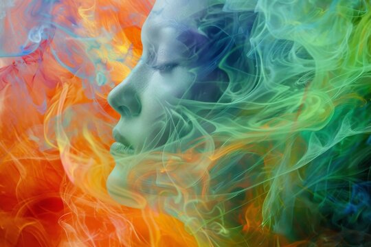 Brightly colored photograph of a woman's face with smoke swirling around her