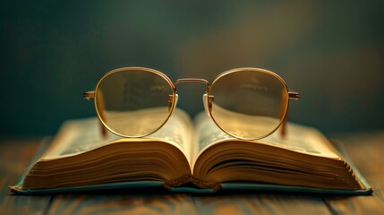 Vintage Glasses on Open Book in Warm Light, Symbolizing Knowledge