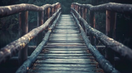 Old Wooden Bridge in Misty Forest, Symbolizing Journey and Mystery
