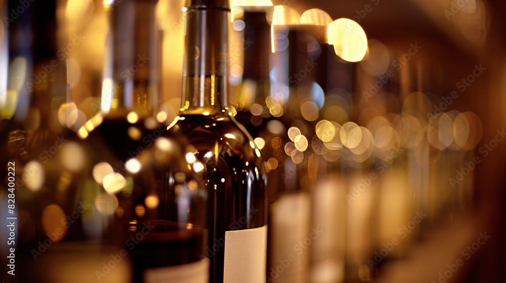 Aufkleber wine bottles on shelf with bokeh. close up image featuring wine bottles on a shelf in a warm lit roo