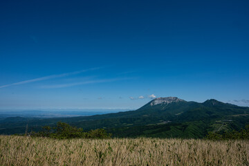 Obraz premium 日本の岡山県と鳥取県を跨ぐ三平山の美しい初夏の風景