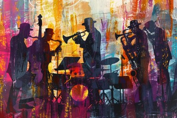 Illustration of an African-American jazz band playing together, abstract background