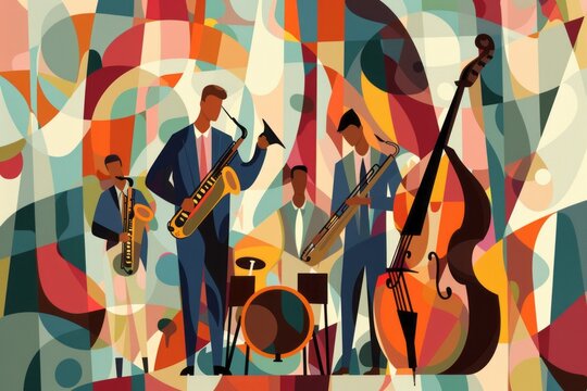 Illustration of an African-American jazz band playing together, abstract background