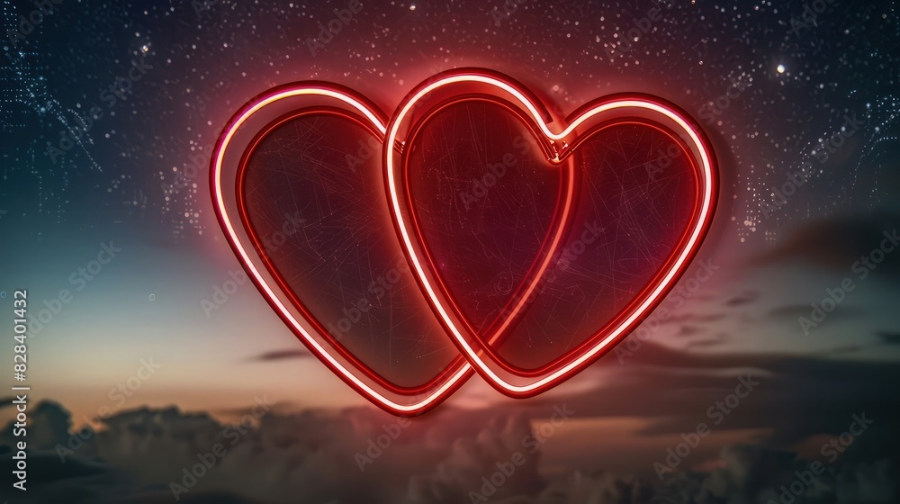 Poster a striking image of two neon red hearts linked together with a clean space in the center for text, s