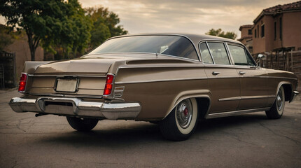 the back and side of the vintage sedan, including the closed-rim wheels