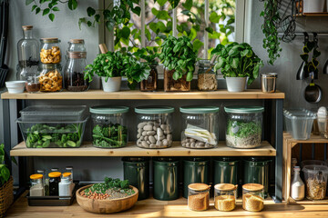Eco-friendly household setup with a focus on recycling, composting, organic gardening, and using sustainable, biodegradable products.. AI generated.