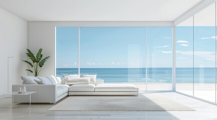 Minimalist living room in white color with a white recliner sofa, glass windows showing a summer beach view, and minimalistic decor