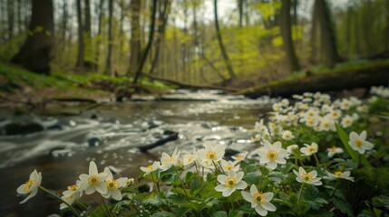 Naklejka premium Wood anemone blooming close to the Isar river