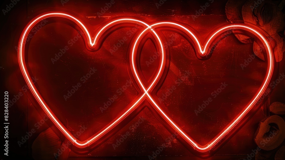 Poster a vivid neon red frame shaped as two interlocking hearts with a blank central area for text, set aga