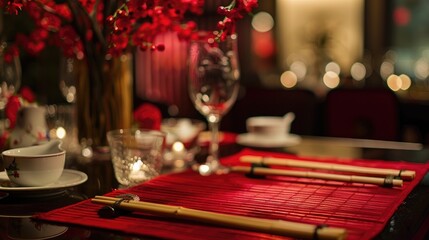 Chinese New Year table setting with red bamboo mat placeholder