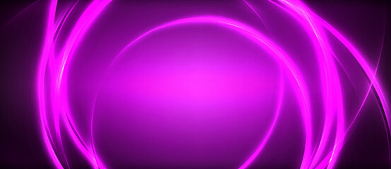Neon glowing circle rays, light round lines in the dark, planet style neon wave lines. Energetic electric concept design for wallpaper, banner, background