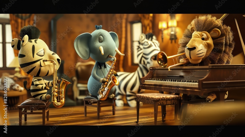 Wall mural a whimsical concert scene with a trio of 3d cartoon animals an elephant on saxophone, a zebra at the - Wall murals