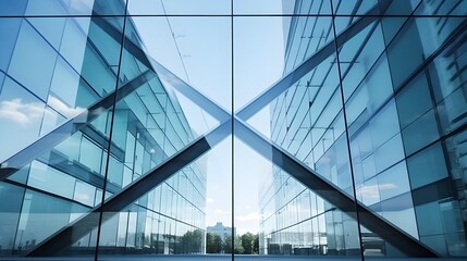 Obraz premium Sleek Glass and Steel Facade of a Contemporary Office Building Towering Against the Sky