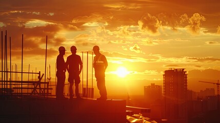 Fototapeta premium Construction Team at Sunset: Building Foundations