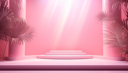 A pink wall with a large circle in the middle and a palm tree on the right