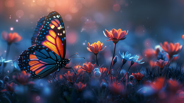 Un papillon monarque, aux ailes orange et noires, se pose d&eacute;licatement sur une fleur color&eacute;e du jardin, capturant la beaut&eacute; de l'&eacute;t&eacute; en gros plan.

