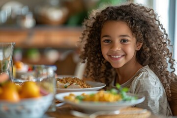 A sweet young girl with curly hair, sitting at a table in a bright, airy room, savoring a delicious meal. The table is filled with colorful dishes and fresh food, and the room is bathed in natural