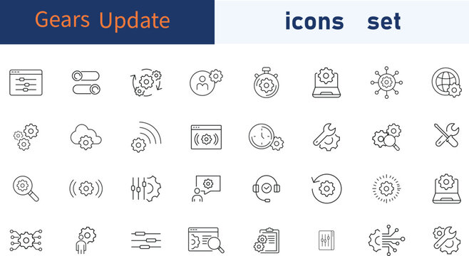 Settings - thin line vector icon set. Pixel perfect. Editable stroke. The set contains icons: Gear, Sliding, Repairing, Wrench, Setting, Engineer, Eco Settings, Solution, Personal Settings.