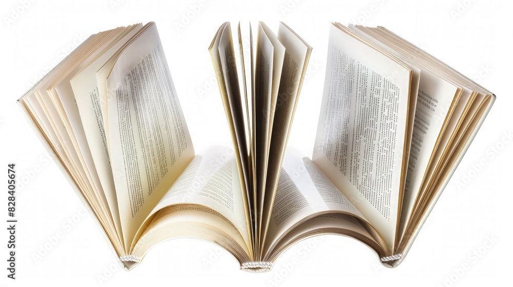 Aufkleber an artistic arrangement of five open books with clear, empty pages, each book slightly overlapping t