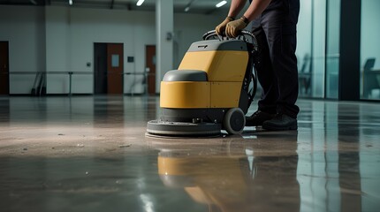 Cropped photo of a worker polishing hard floor with high speed polishing machine in the office building space.