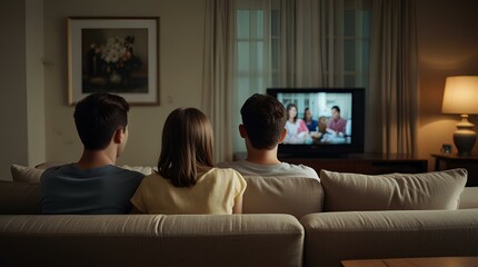 A family sitting on sofa in living room and watching television, back view angle.